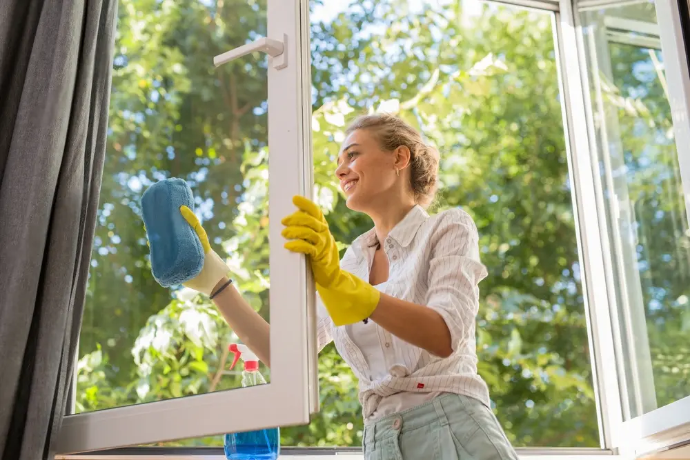 chica limpiando ventanas